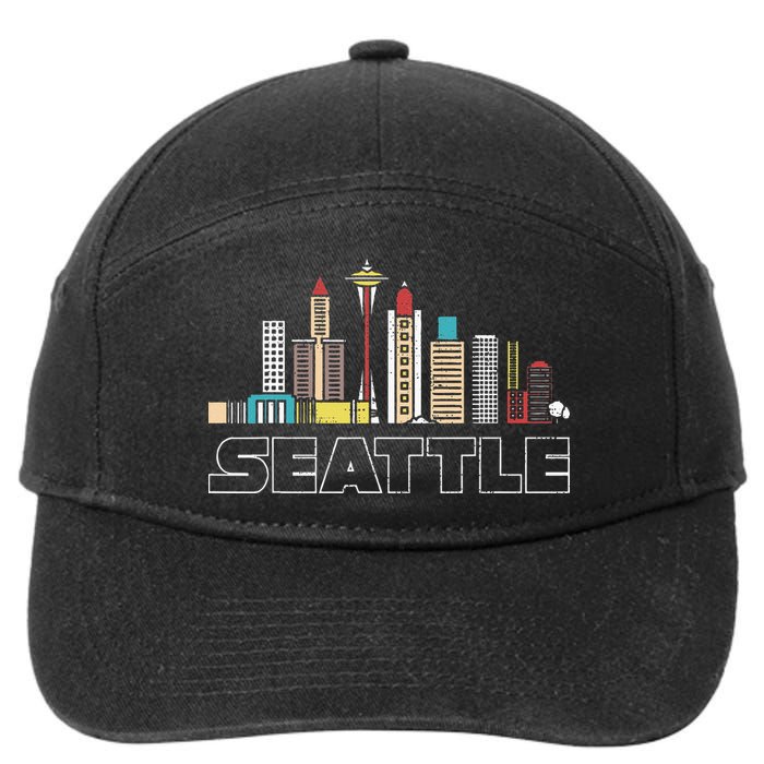 Grunge Seattle Skyline Distressed Look Design 7-Panel Snapback Hat