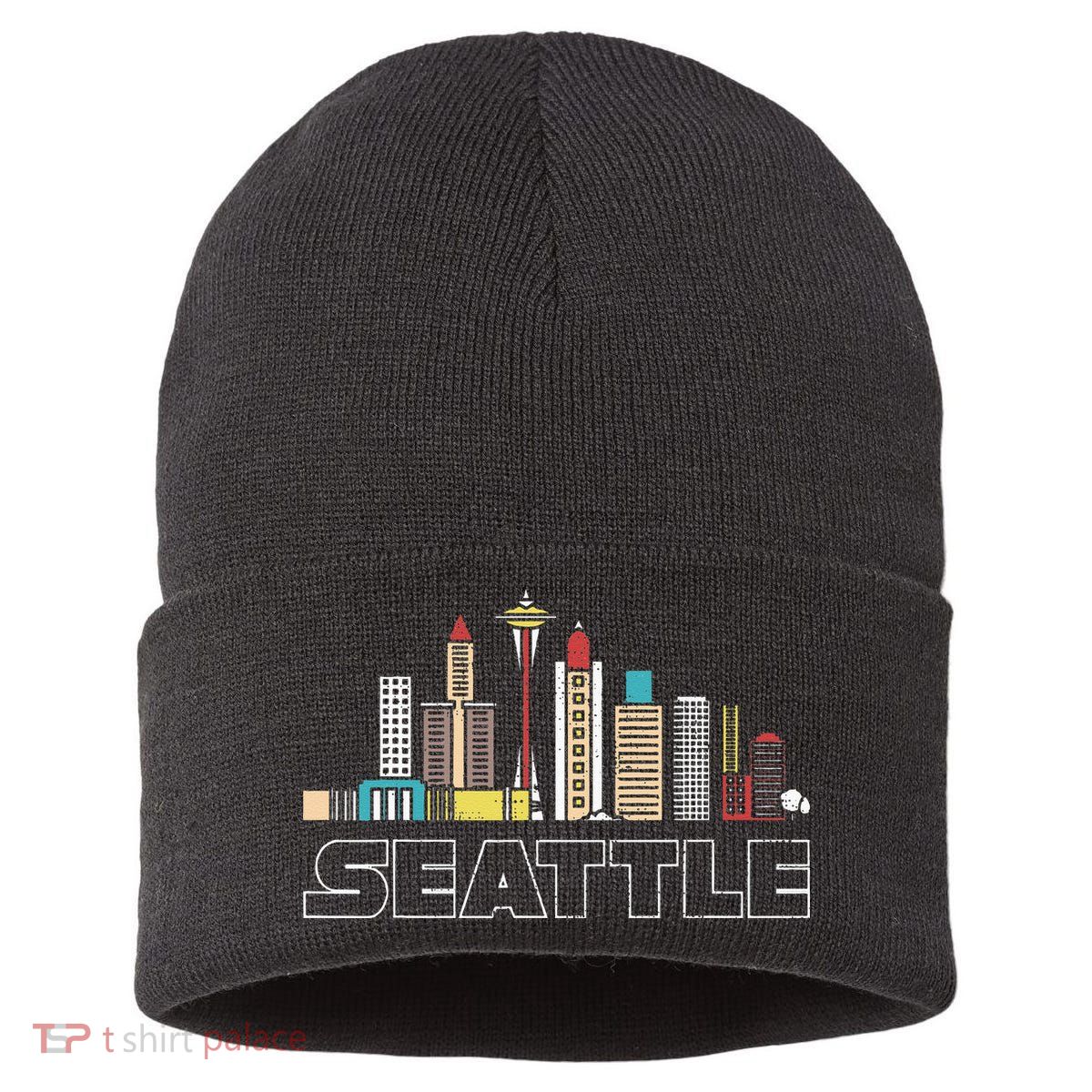 Grunge Seattle Skyline Distressed Look Design Sustainable Knit Beanie
