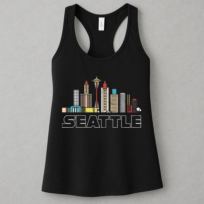 Grunge Seattle Skyline Distressed Look Design Womens Tank Top