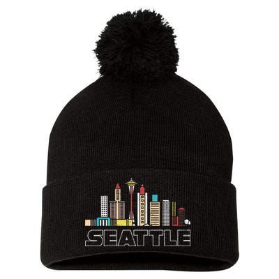 Grunge Seattle Skyline Distressed Look Design Pom Pom 12in Knit Beanie