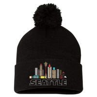 Grunge Seattle Skyline Distressed Look Design Pom Pom 12in Knit Beanie