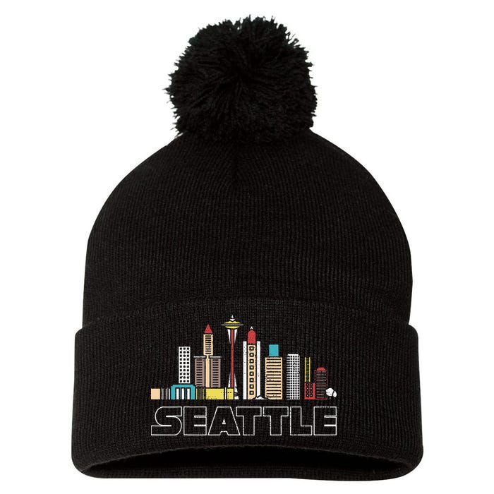 Grunge Seattle Skyline Distressed Look Design Pom Pom 12in Knit Beanie