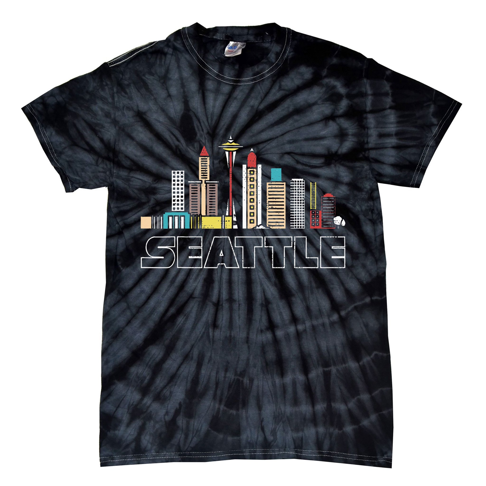 Grunge Seattle Skyline Distressed Look Design Tie-Dye T-Shirt