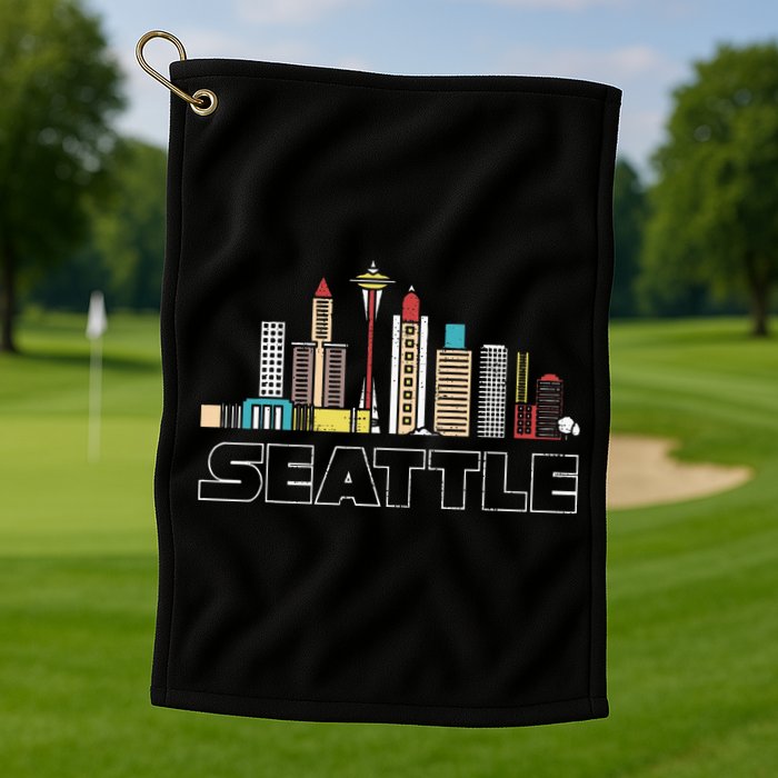 Grunge Seattle Skyline Distressed Look Design Golf Towel