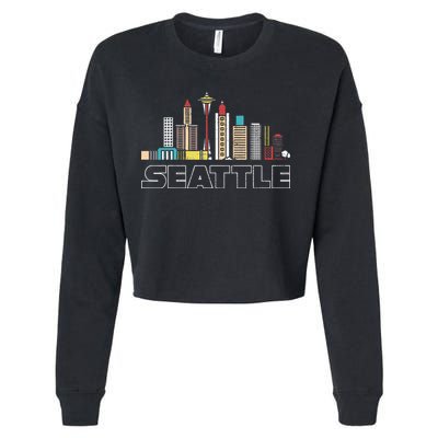 Grunge Seattle Skyline Distressed Look Design Cropped Pullover Crew