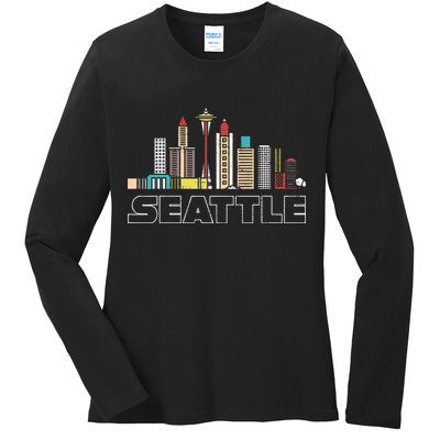 Grunge Seattle Skyline Distressed Look Design Ladies Long Sleeve Shirt