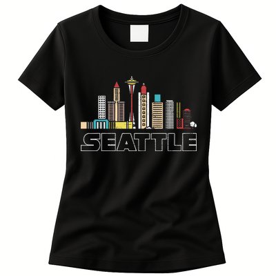 Grunge Seattle Skyline Distressed Look Design Womens T-Shirt