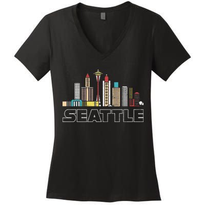 Grunge Seattle Skyline Distressed Look Design Women's V-Neck T-Shirt