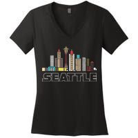 Grunge Seattle Skyline Distressed Look Design Women's V-Neck T-Shirt