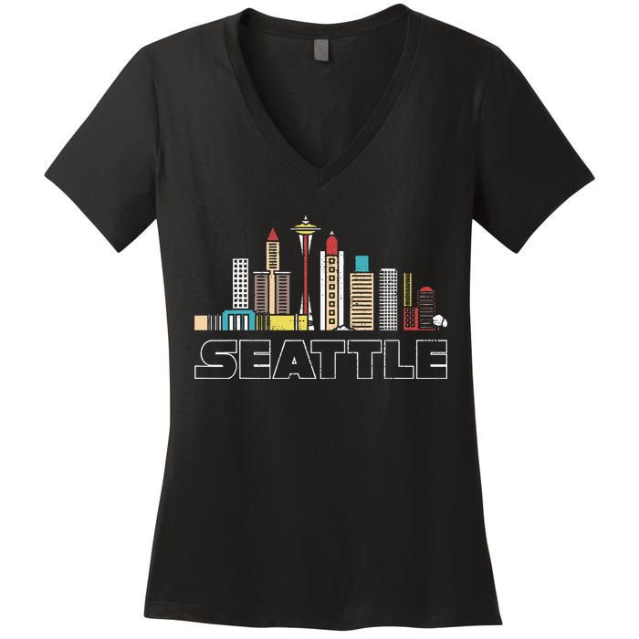 Grunge Seattle Skyline Distressed Look Design Women's V-Neck T-Shirt