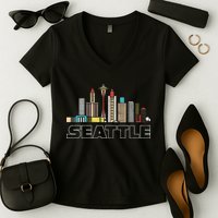 Grunge Seattle Skyline Distressed Look Design Women's V-Neck T-Shirt