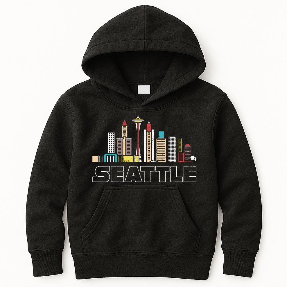 Grunge Seattle Skyline Distressed Look Design Kids Hoodie