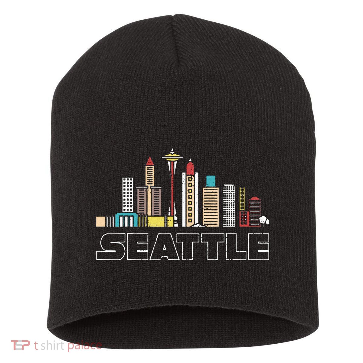 Grunge Seattle Skyline Distressed Look Design Short Acrylic Beanie