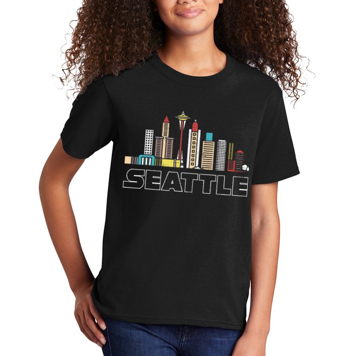 Grunge Seattle Skyline Distressed Look Design Kids T-Shirt
