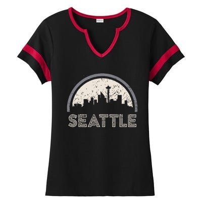 Grunge Seattle Skyline Distressed Look Design Ladies Halftime Notch Neck Tee