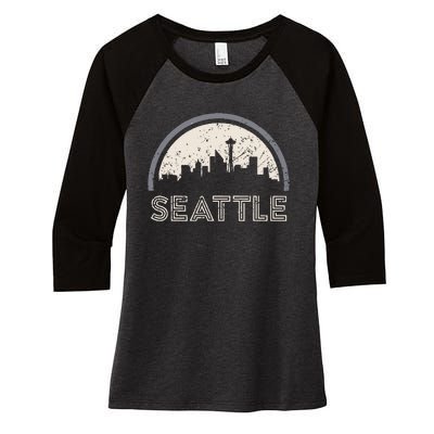 Grunge Seattle Skyline Distressed Look Design Women's Tri-Blend 3/4-Sleeve Raglan Shirt