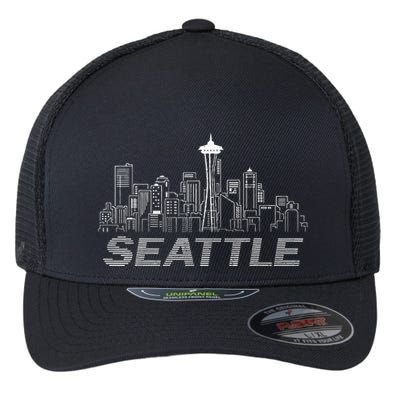 Grunge Seattle Skyline Distressed Look Design Flexfit Unipanel Trucker Cap