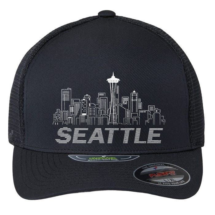Grunge Seattle Skyline Distressed Look Design Flexfit Unipanel Trucker Cap
