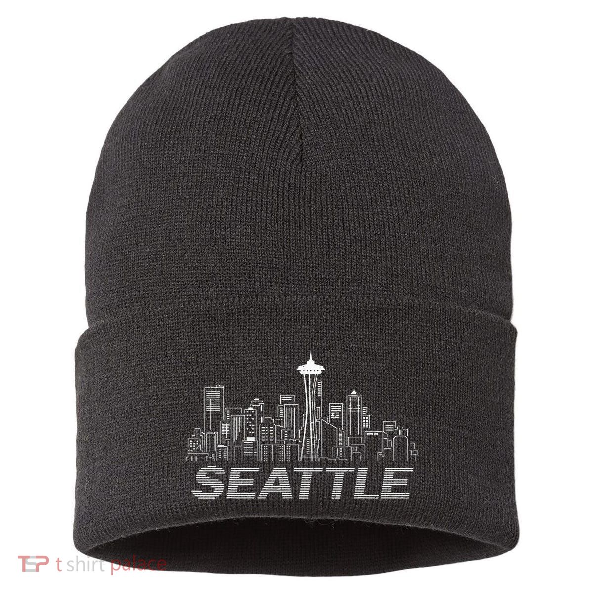Grunge Seattle Skyline Distressed Look Design Sustainable Knit Beanie