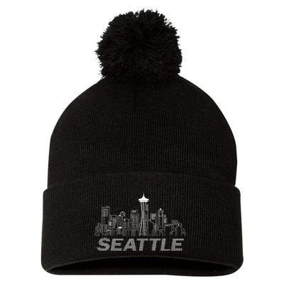 Grunge Seattle Skyline Distressed Look Design Pom Pom 12in Knit Beanie