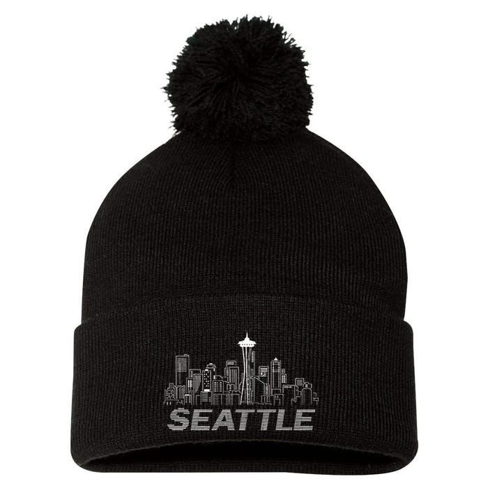 Grunge Seattle Skyline Distressed Look Design Pom Pom 12in Knit Beanie