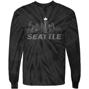 Grunge Seattle Skyline Distressed Look Design Tie-Dye Long Sleeve Shirt