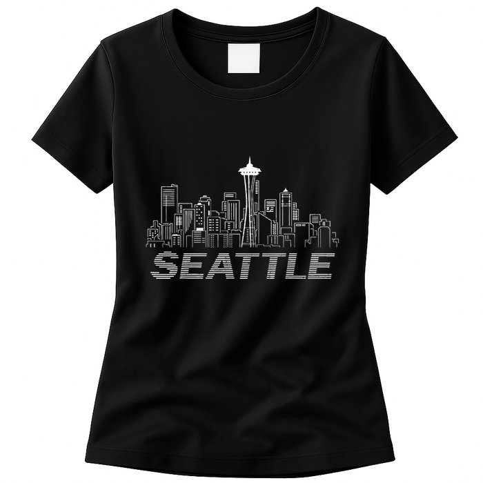 Grunge Seattle Skyline Distressed Look Design Womens T-Shirt