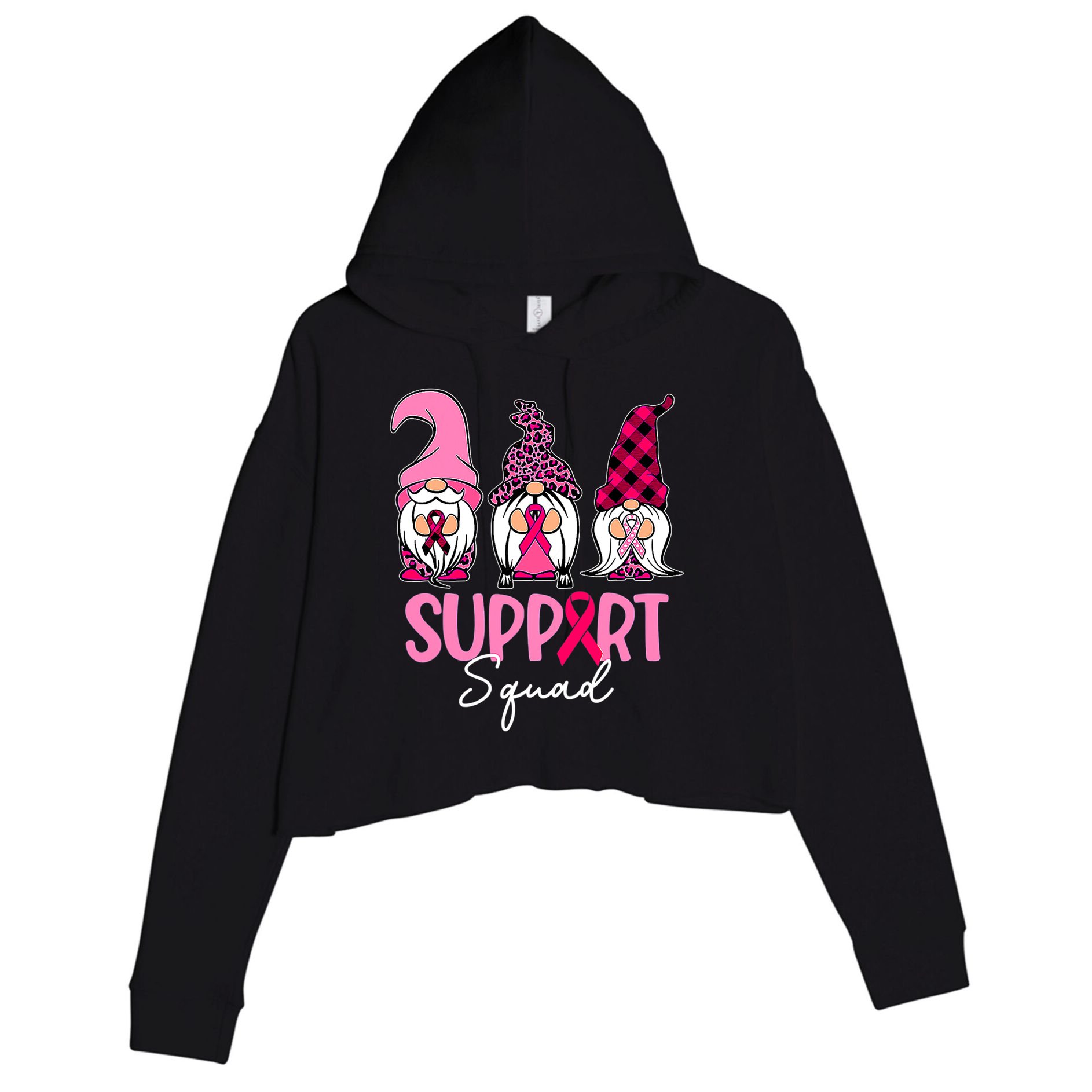 Gnomes Support Squad Breast Cancer Awareness Pink Ribbon Crop Fleece Hoodie