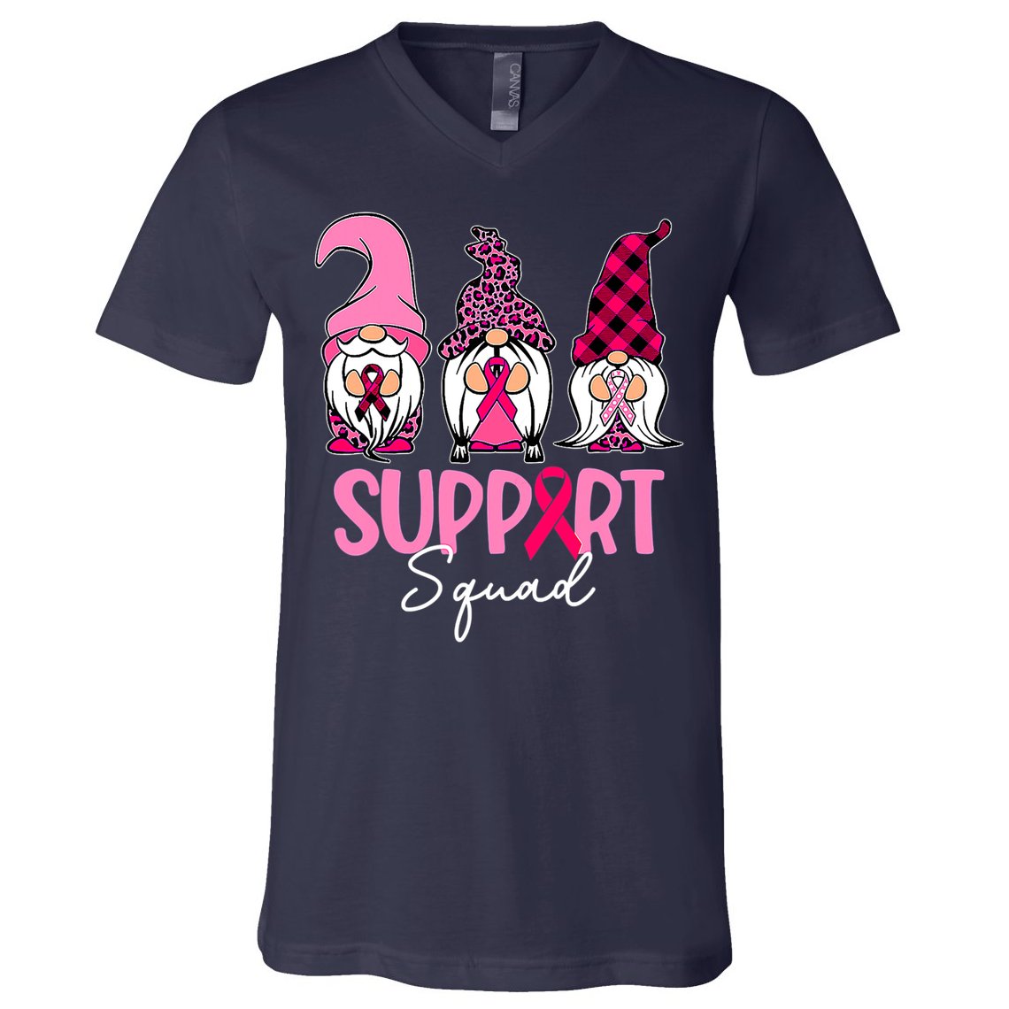 Gnomes Support Squad Breast Cancer Awareness Pink Ribbon V-Neck T-Shirt