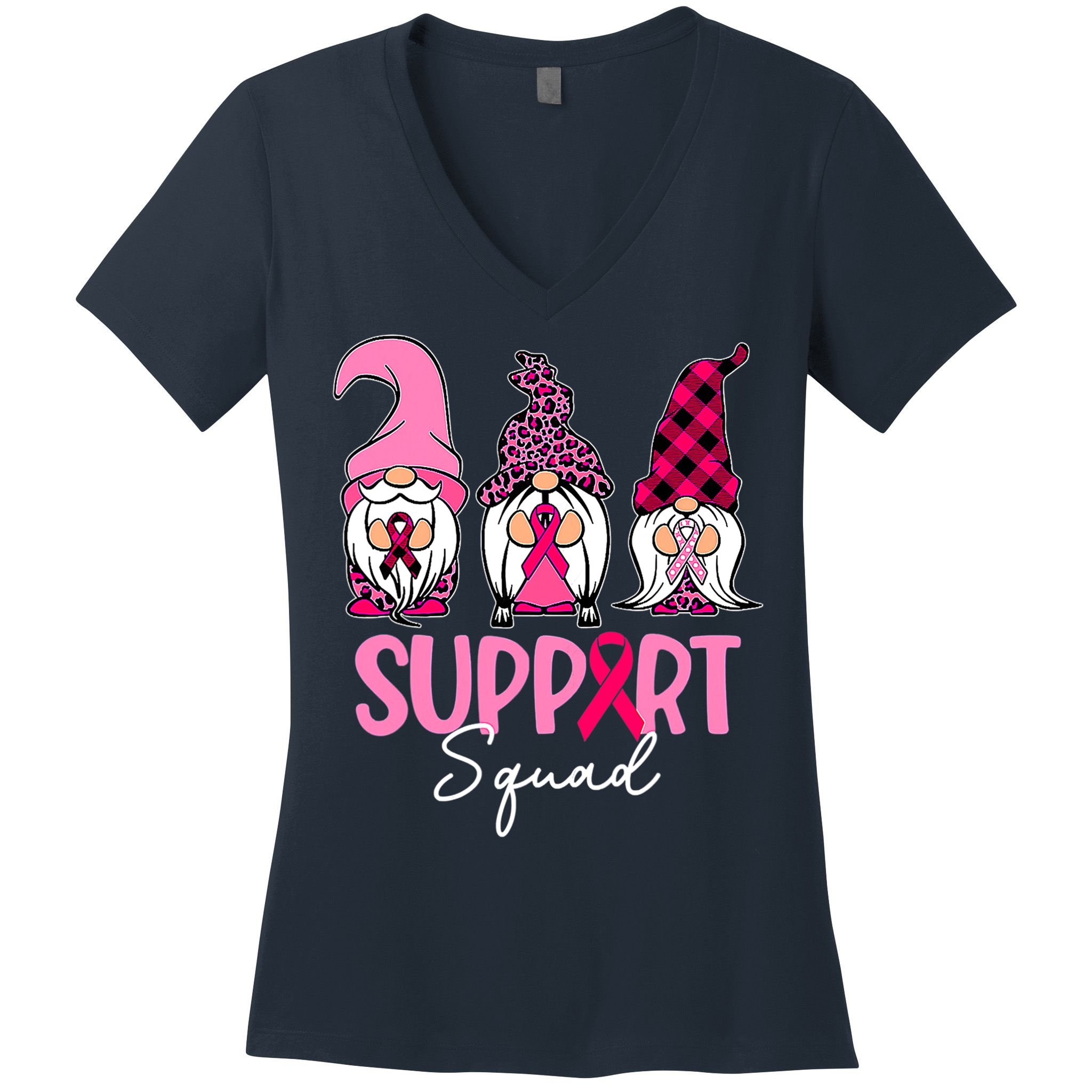 Gnomes Support Squad Breast Cancer Awareness Pink Ribbon Women's V-Neck T-Shirt