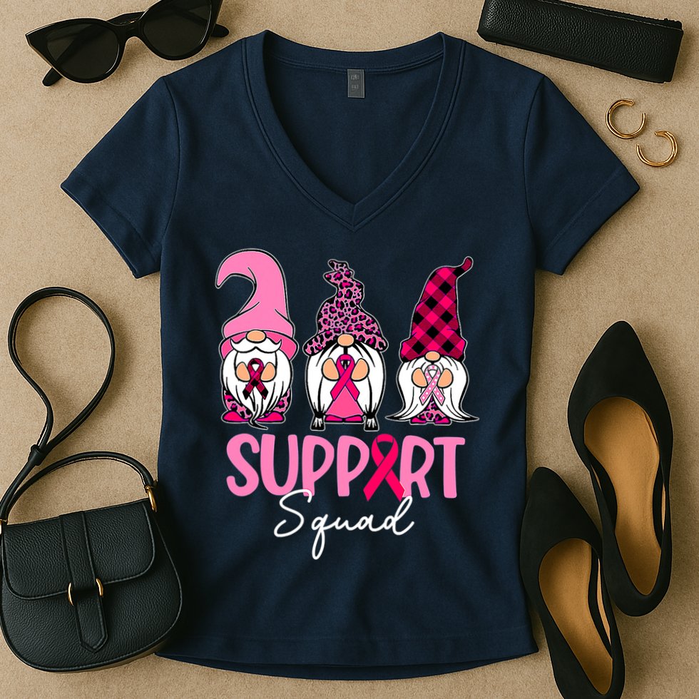 Gnomes Support Squad Breast Cancer Awareness Pink Ribbon Women's V-Neck T-Shirt