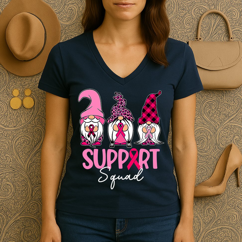 Gnomes Support Squad Breast Cancer Awareness Pink Ribbon Women's V-Neck T-Shirt