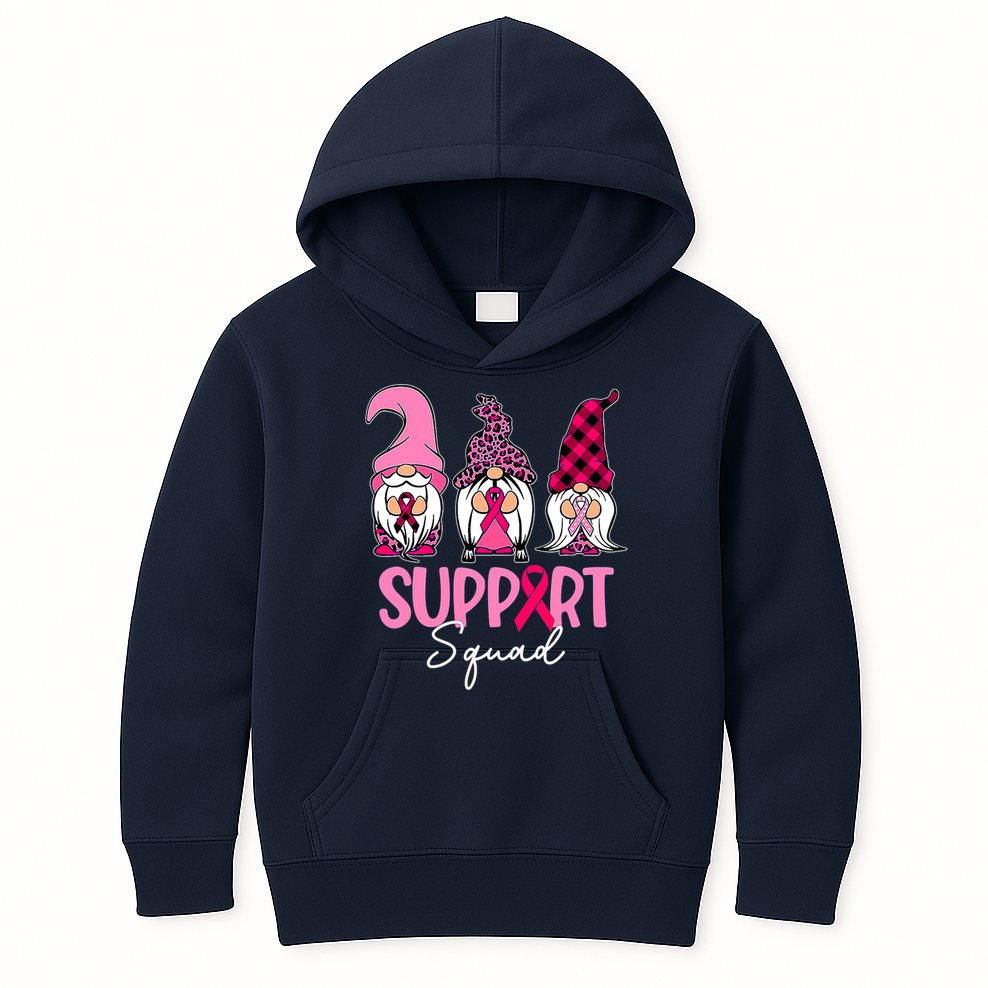 Gnomes Support Squad Breast Cancer Awareness Pink Ribbon Kids Hoodie