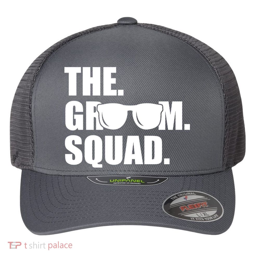 Groom Squad Sunglasses Bachelor Party Flexfit Unipanel Trucker Cap