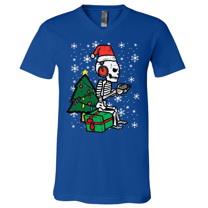 Gamer Skeleton Santa Christmas Gaming V-Neck T-Shirt