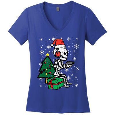 Gamer Skeleton Santa Christmas Gaming Women's V-Neck T-Shirt