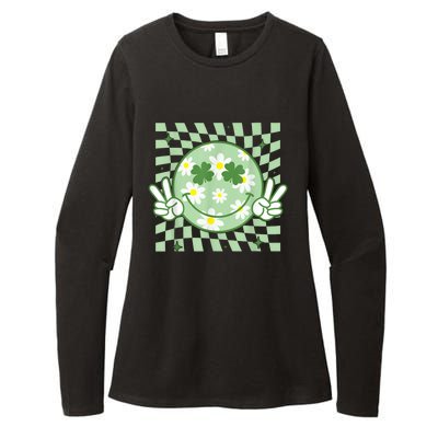 Groovy Shamrock Smile Face St Patricks Day Womens CVC Long Sleeve Shirt