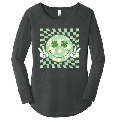 Groovy Shamrock Smile Face St Patricks Day Women's Perfect Tri Tunic Long Sleeve Shirt