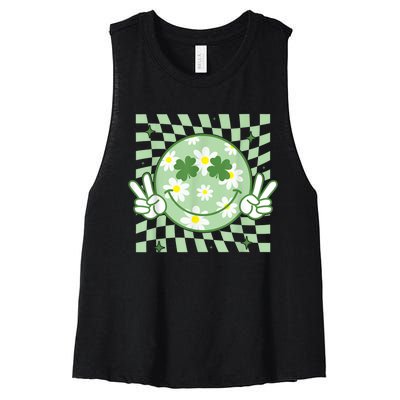 Groovy Shamrock Smile Face St Patricks Day Women's Racerback Cropped Tank