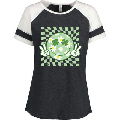 Groovy Shamrock Smile Face St Patricks Day Enza Ladies Jersey Colorblock Tee