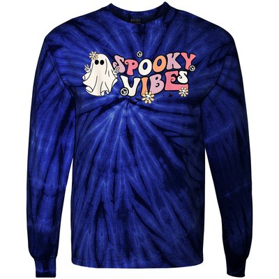 Groovy Stay Spooky Vibes Floral Boo Hippie Halloween 2 Sided Tie-Dye Long Sleeve Shirt