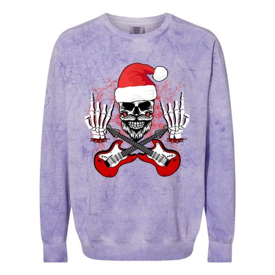 Guitar Santa Skull W Rock On Skeleton Hands Cool Christmas Gift Colorblast Crewneck Sweatshirt