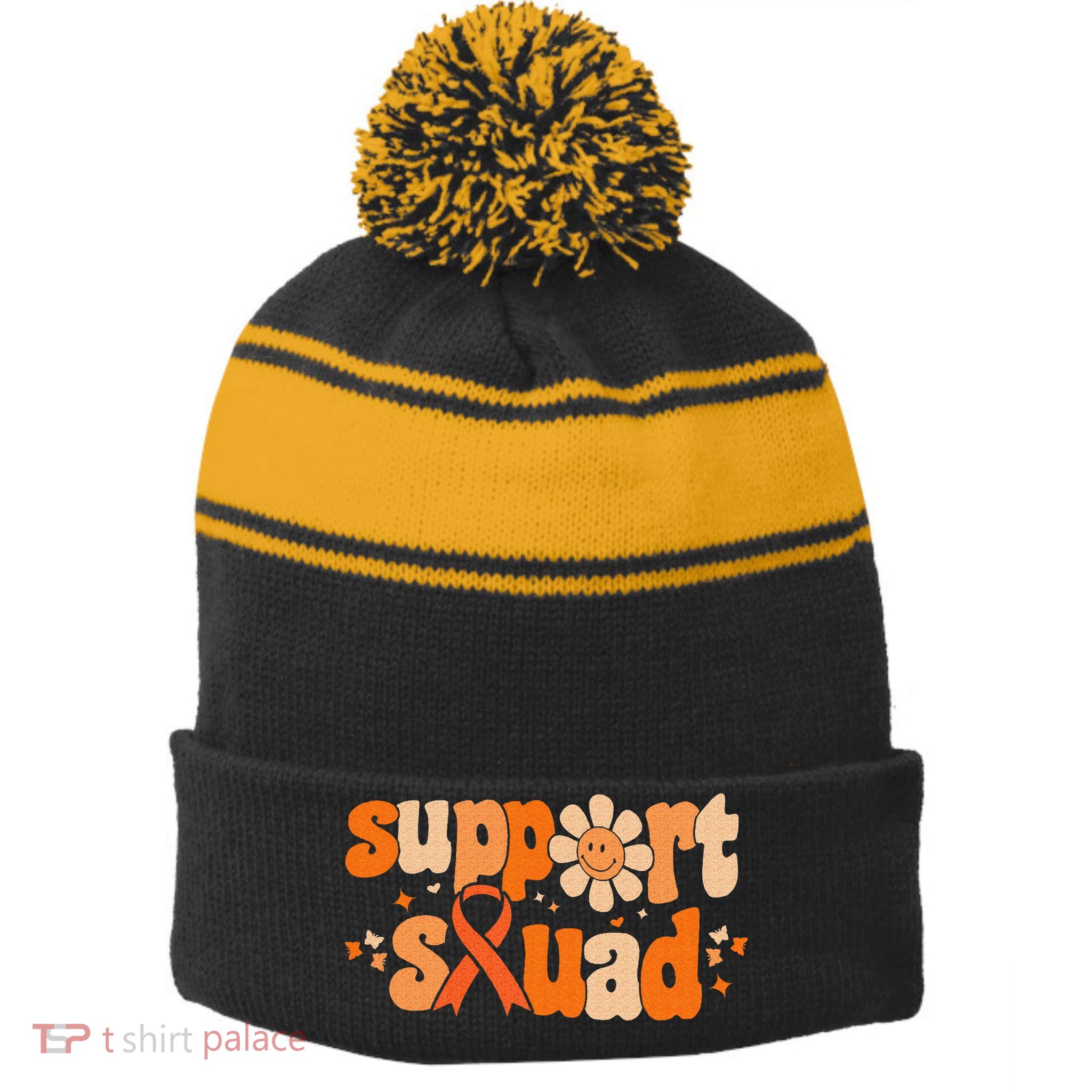 Groovy Support Squad Multiple Sclerosis Awareness Mom Women Stripe Pom Pom Beanie