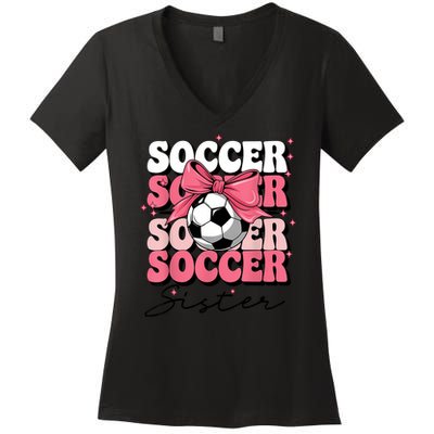 Groovy Soccer Sister Coquette Bow Soccer Women's V-Neck T-Shirt