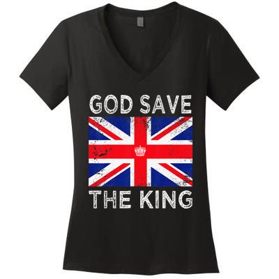 God Save The King Charles III. UK Flag Top King Charles Women's V-Neck T-Shirt