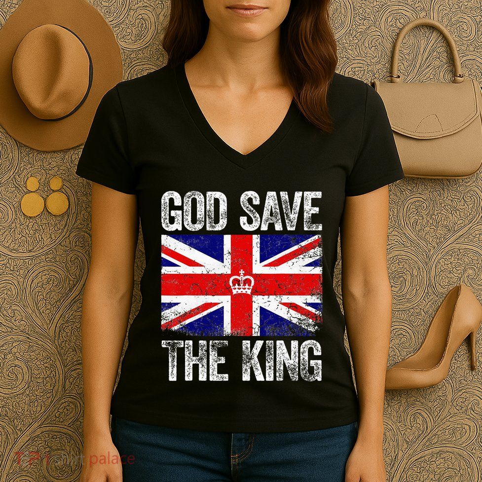 God Save The King Charles III Tee UK Flag Top King Charles Women's V-Neck T-Shirt