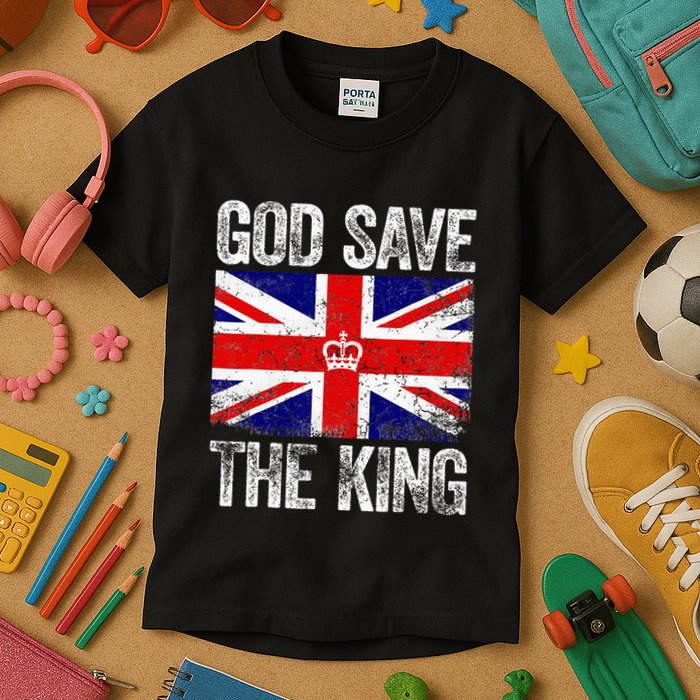 God Save The King Charles III Tee UK Flag Top King Charles Kids T-Shirt
