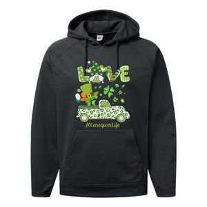 Gnome Shamrock Truck Love Caregiver Life St Patricks Day Performance Fleece Hoodie