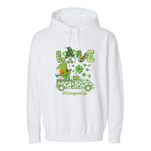 Gnome Shamrock Truck Love Caregiver Life St Patricks Day Garment-Dyed Fleece Hoodie