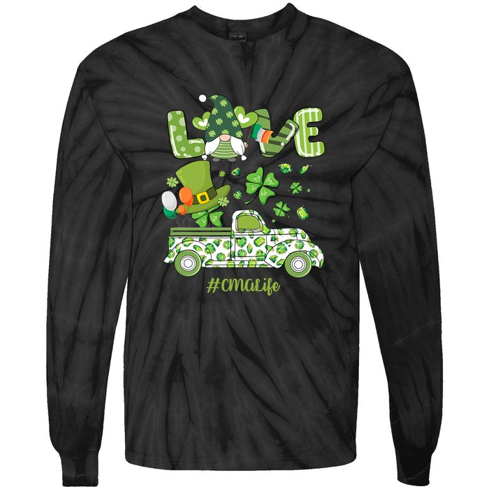 Gnome Shamrock Truck Love CMA Life Nurse St Patricks Day Tie-Dye Long Sleeve Shirt